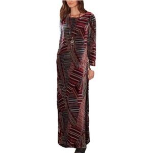 Sundance La Donna Burgundy Mixed Pattern Silk Blend Velvet Maxi Dress NWOT